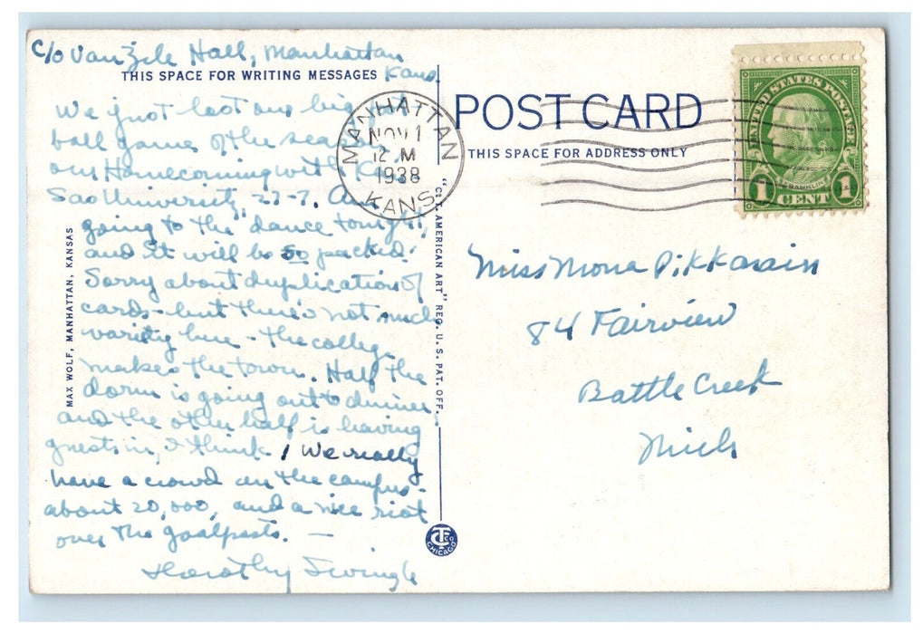 1938 Anderson Hall KSC Manhattan Kansas KS Vintage Posted Postcard