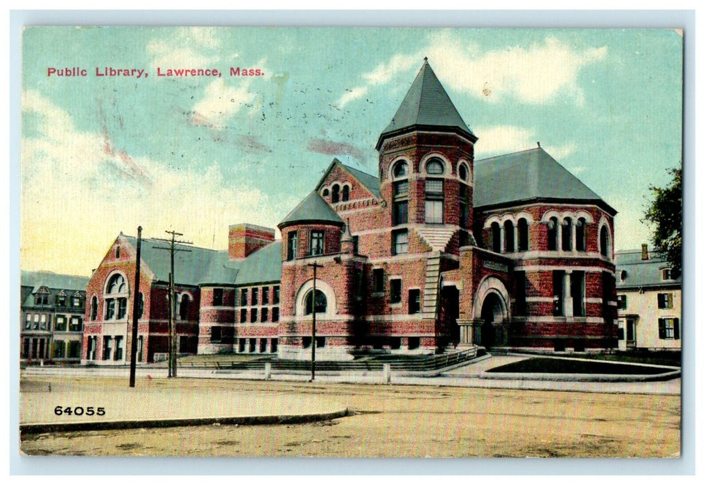 c1910 Blue Sky Scene at Public Library, Lawrence, Massachusetts MA Postcard