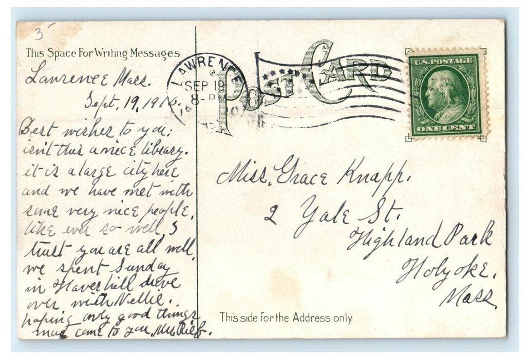 c1910 Blue Sky Scene at Public Library, Lawrence, Massachusetts MA Postcard