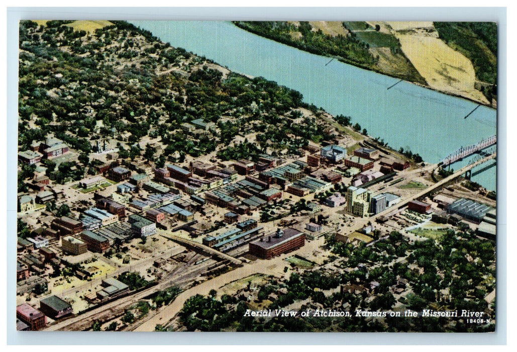 c1940s Aerial View of Atchison Kansas on the Missouri River Antique Postcard