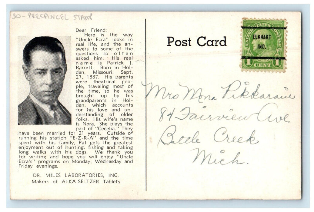c1950's Uncle Ezra Radio Station Star Precancel Stamp Elkhart Indiana Postcard