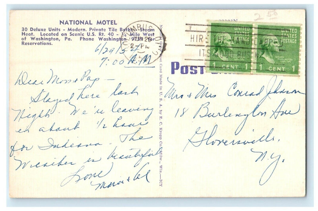1954 National Motel On U.S West Of Washington Pennsylvania PA Vintage Postcard