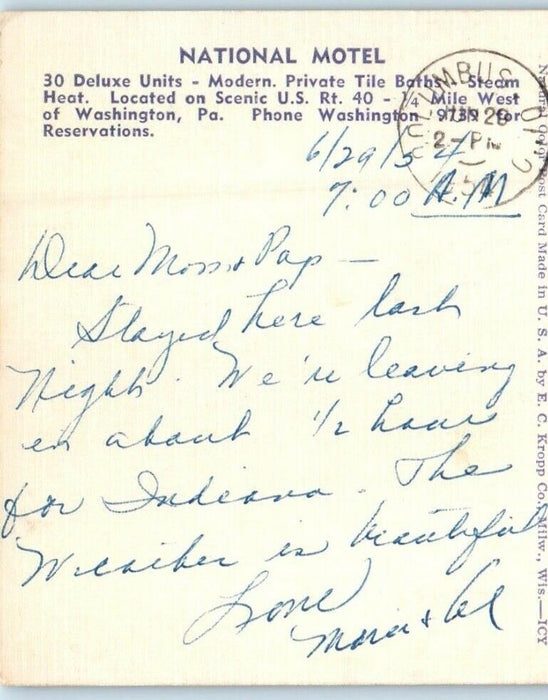 1954 National Motel On U.S West Of Washington Pennsylvania PA Vintage Postcard