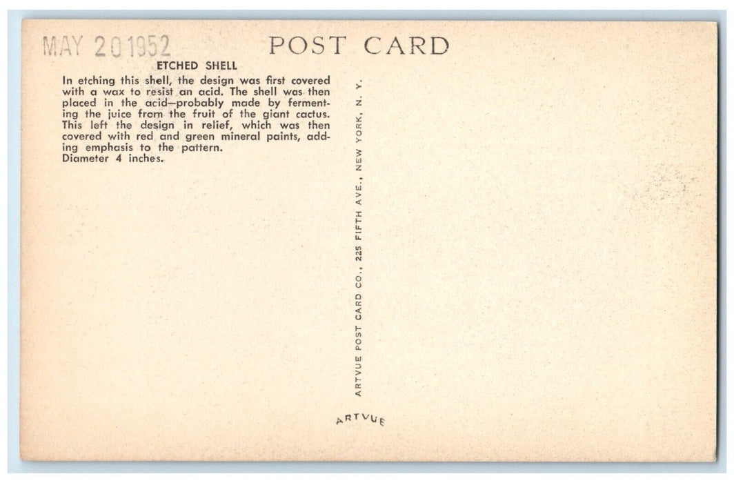 1952 Hohokam Etched Shell Covered Wax Arizona State Museum Tucson Postcard
