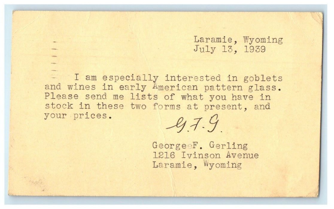 1939 Goblets Wines American Pattern Glass Advertising Laramie WY Postcard