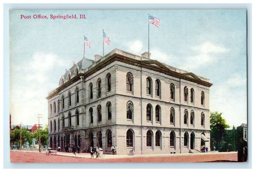 c1910's Post Office Street View Springfield Illinois IL Antique Postcard