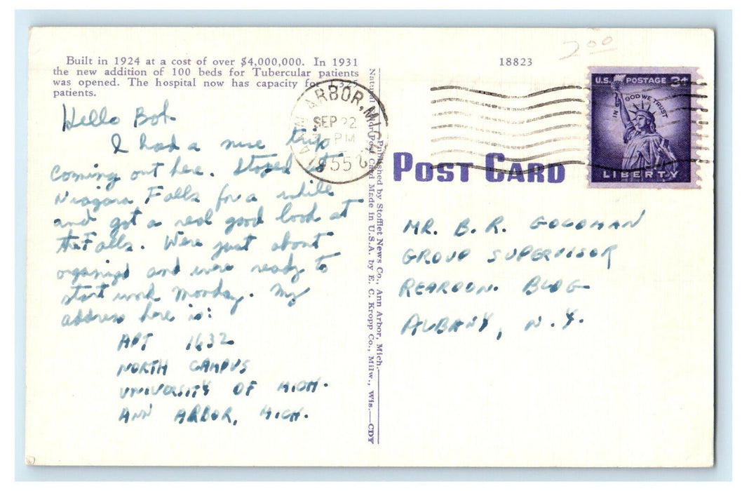 1955 University of Michigan Hospital, Ann Arbor Michigan MI Posted Postcard
