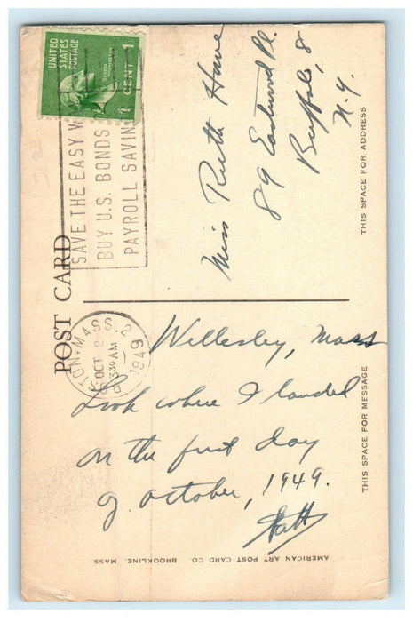 1949 Pendleton Hall Wellesley College Wellesley Massachusetts MA Cancel Postcard