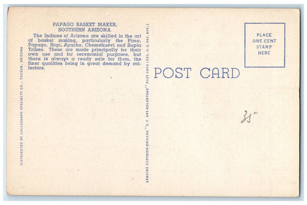 Native American Indian Papago Basket Maker Southern Arizona AZ Vintage Postcard