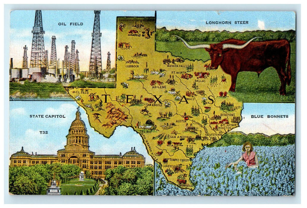 1952 Multiview of Building, Map of Places in Texas TX Posted Vintage Postcard