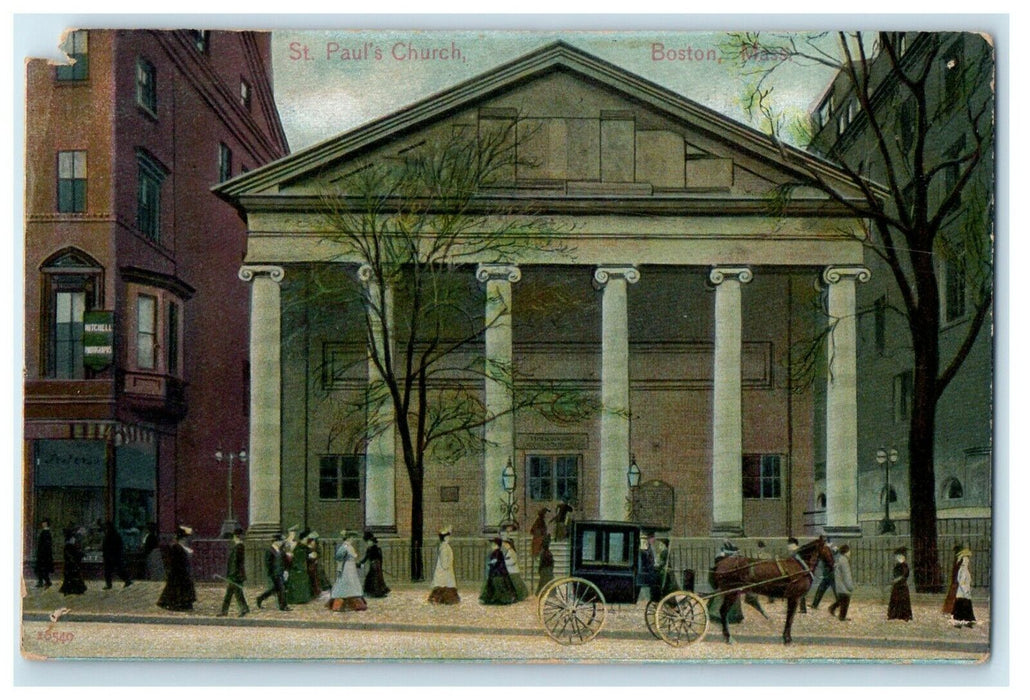 1914 St. Paul's Church Horse And Buggy Boston Massachusetts MA Antique Postcard