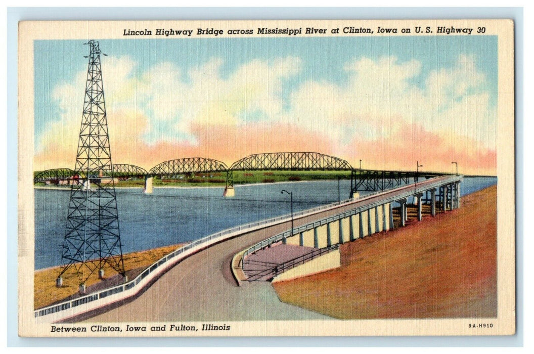 c1930's Lincoln Highway Bridge Across Mississippi River Clinton Iowa IA Postcard