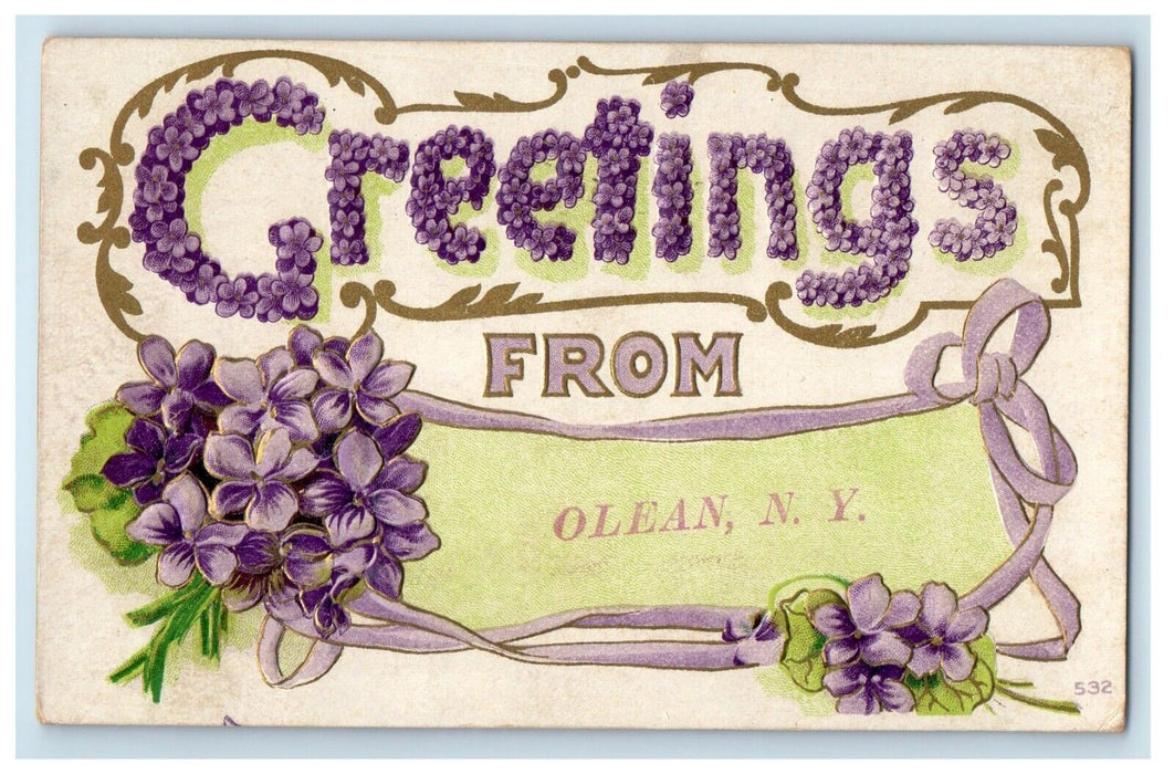 1910 Greetings From Olean New York NY, Pansies Flowers Embossed Antique Postcard