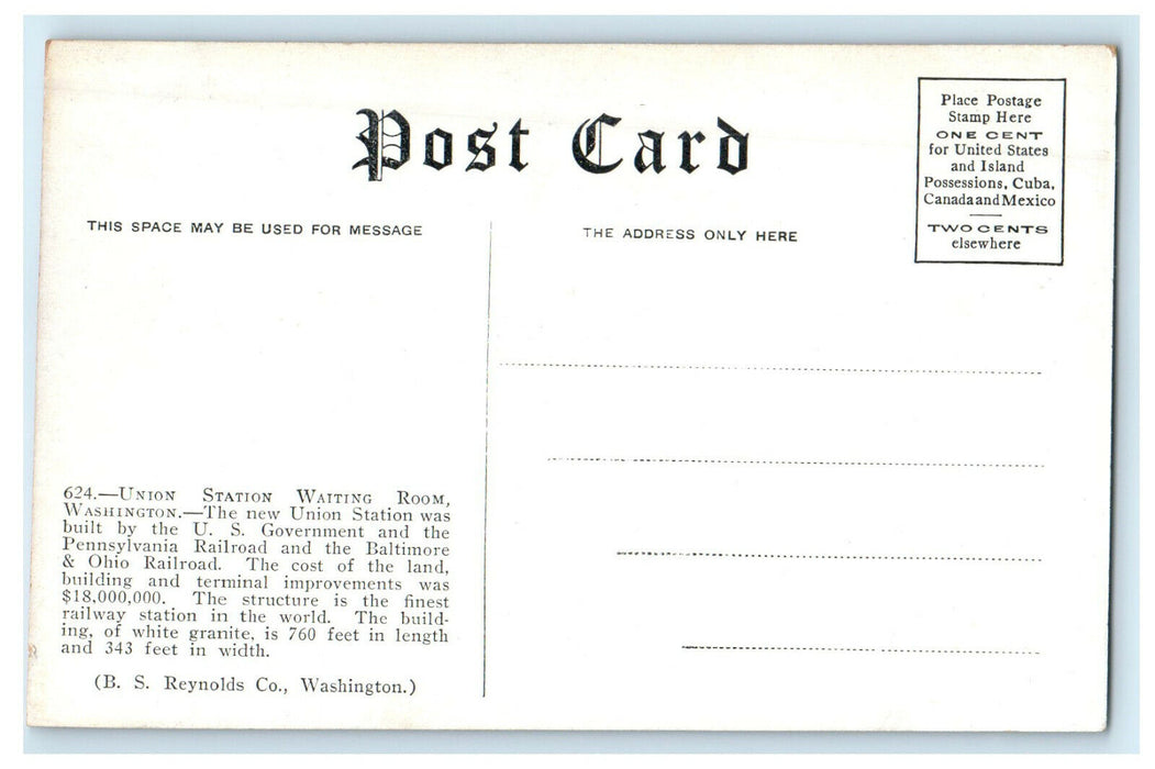 c1910s Union Station, Waiting Room Washington DC Unposted Antique Postcard