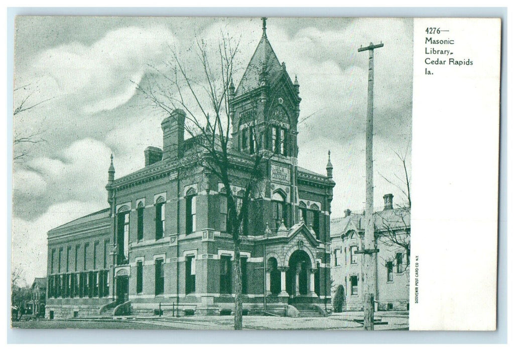 c1905 Masonic Library Street View Cedar Rapids Iowa IA Antique Postcard