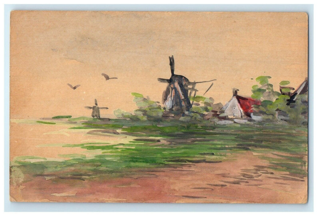 c1910 Hand Drawn Painted Art Windmills Seaside Dutch Netherlands Europe Postcard