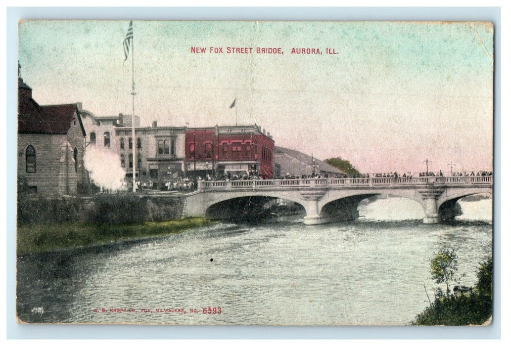 c1910's View Of New Fox Street Bridge Aurora Illinois IL Antique Postcard