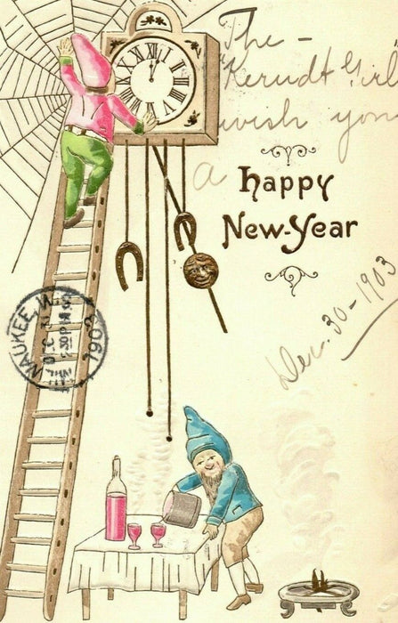 Antique 1903 New Year Elves Dwarf Wine Cuckoo Clock Lansing IA Germany Postcard