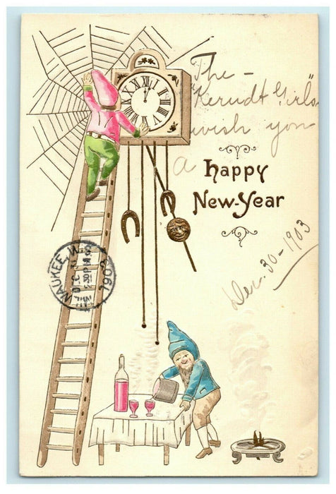 Antique 1903 New Year Elves Dwarf Wine Cuckoo Clock Lansing IA Germany Postcard