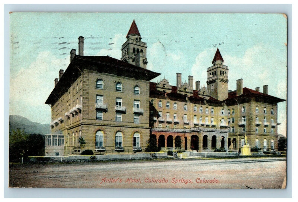1908 Antler's Hotel Building Street View Colorado Springs CO Antique Postcard