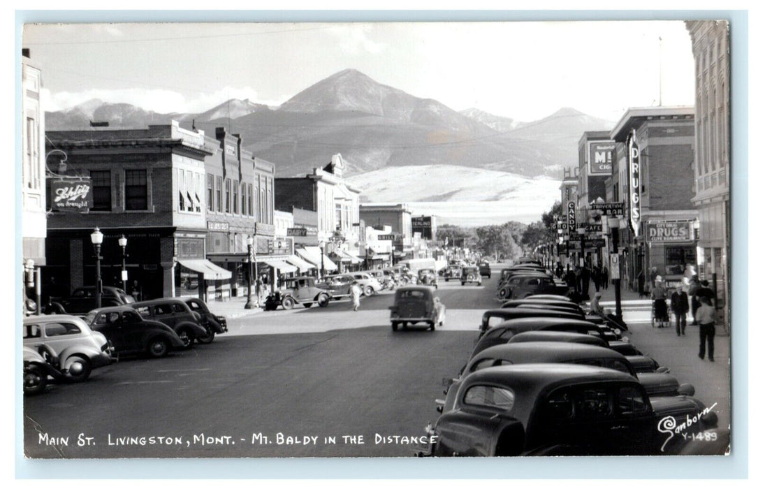c1940's Main St. Livingston Montana MT Mt Baldy Classic Cars RPPC Photo Postcard