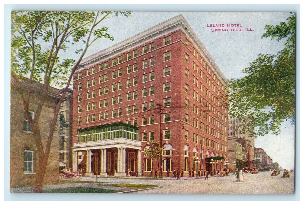 c1910 Leland Hotel Building Street View Springfield Illinois IL Antique Postcard