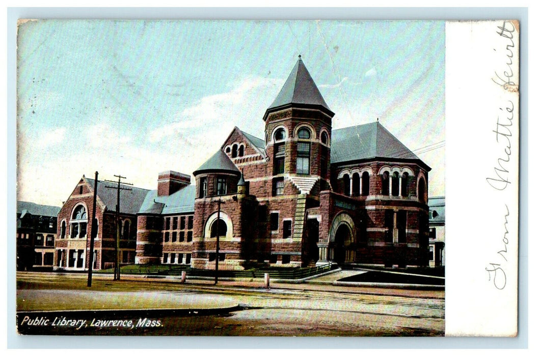 c1906 Public Library Entrance, Lawrence, Massachusetts MA Antique Postcard