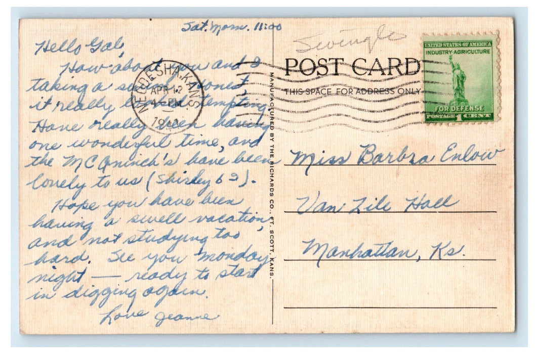 1941 Pool at Riverside Park, Independence Kansas KS Posted Vintage Postcard