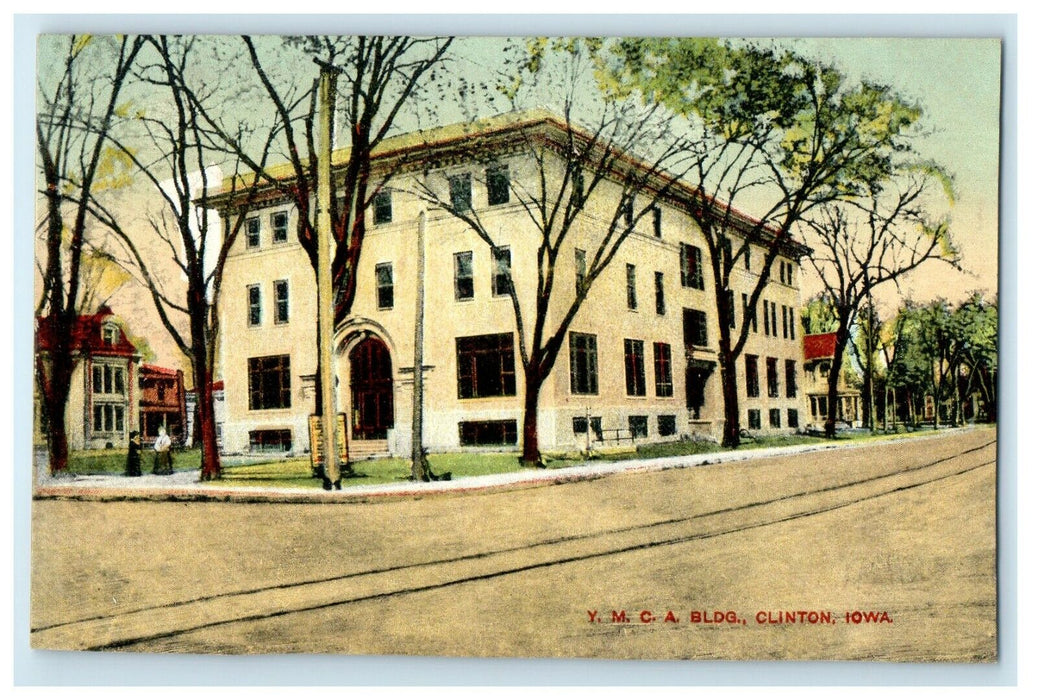 c1910's Y.M.C.A Building Trees Front Street View Clinton Iowa IA Postcard