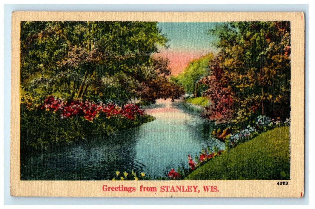 c1910's Greetings Stanley Wisconsin WI River Flowers Antique Postcard