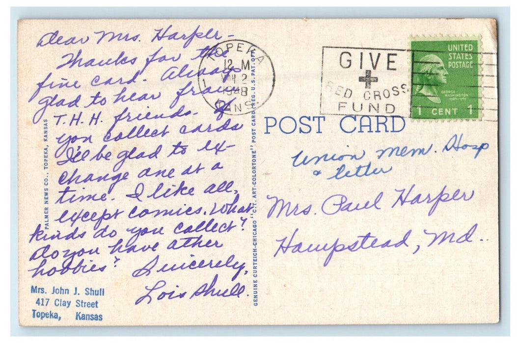 1948 Aeroplane View of Topeka Kansas KS Posted Cancel Vintage Postcard