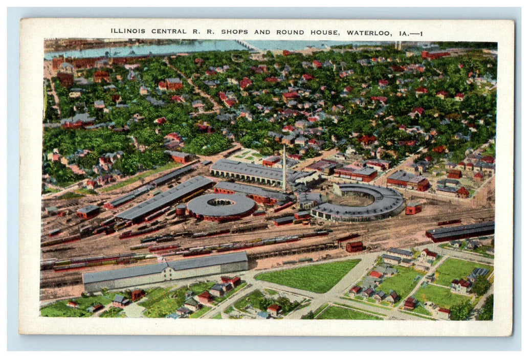 1936 Illinois Central Railroad Shops and Round House, Waterloo IA Postcard