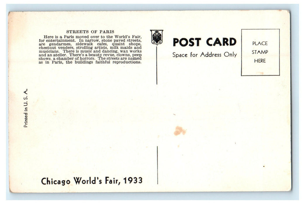1933 Streets of Paris Ferry Boat Chicago World Fair Illinois IL Postcard