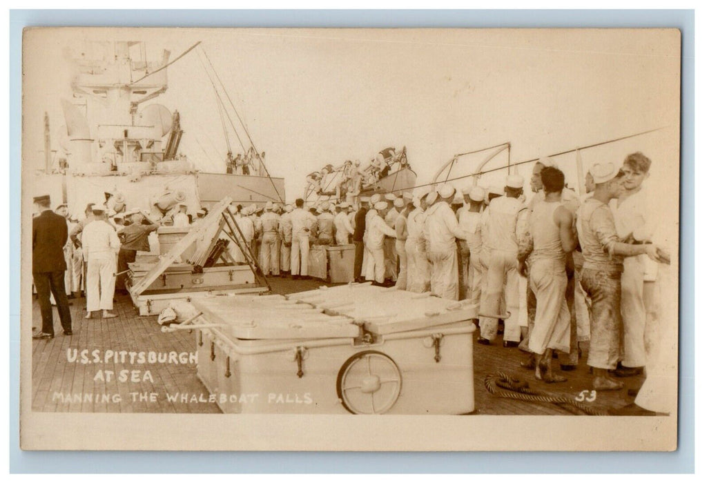 c1920's USS Pittsburgh At Sea Manning Whaleboat Falls RPPC Photo Postcard