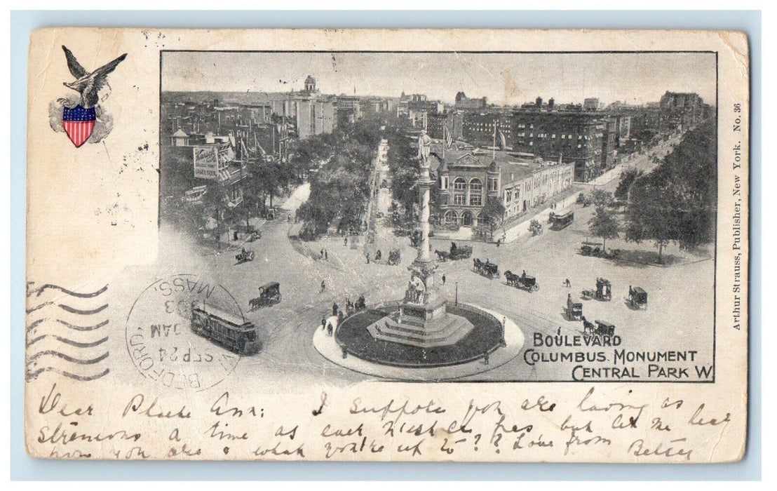 1903 Boulevard Columbus Monument, Central Park W. New Bedford MA Postcard