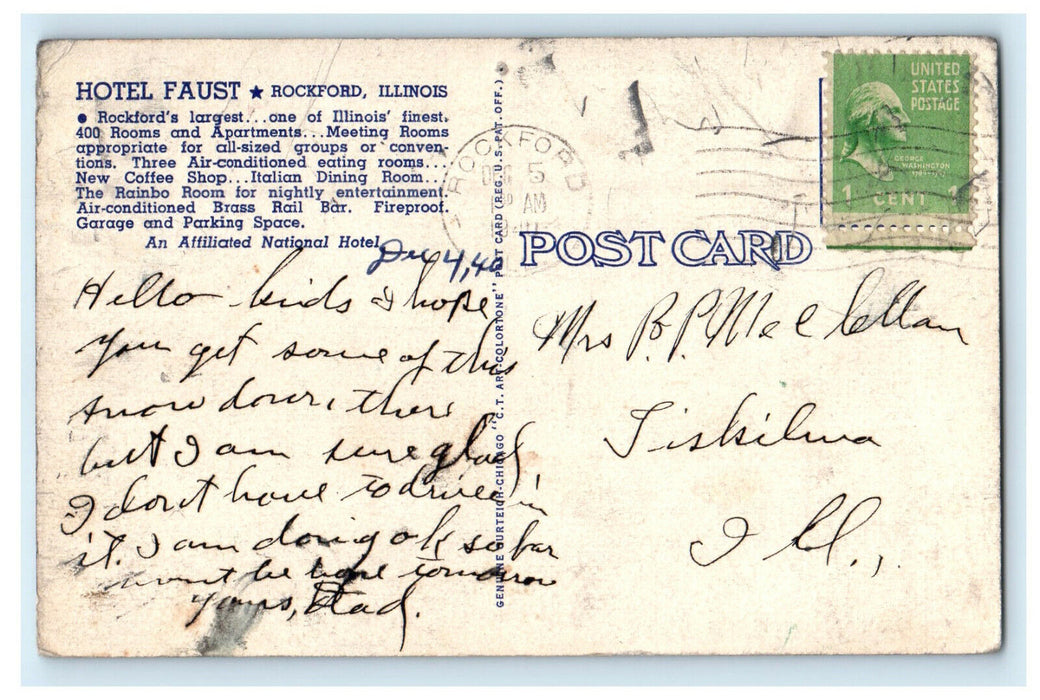 1940 Hotel Faust An Affiliated National Hotel Rockford Illinois IL Postcard