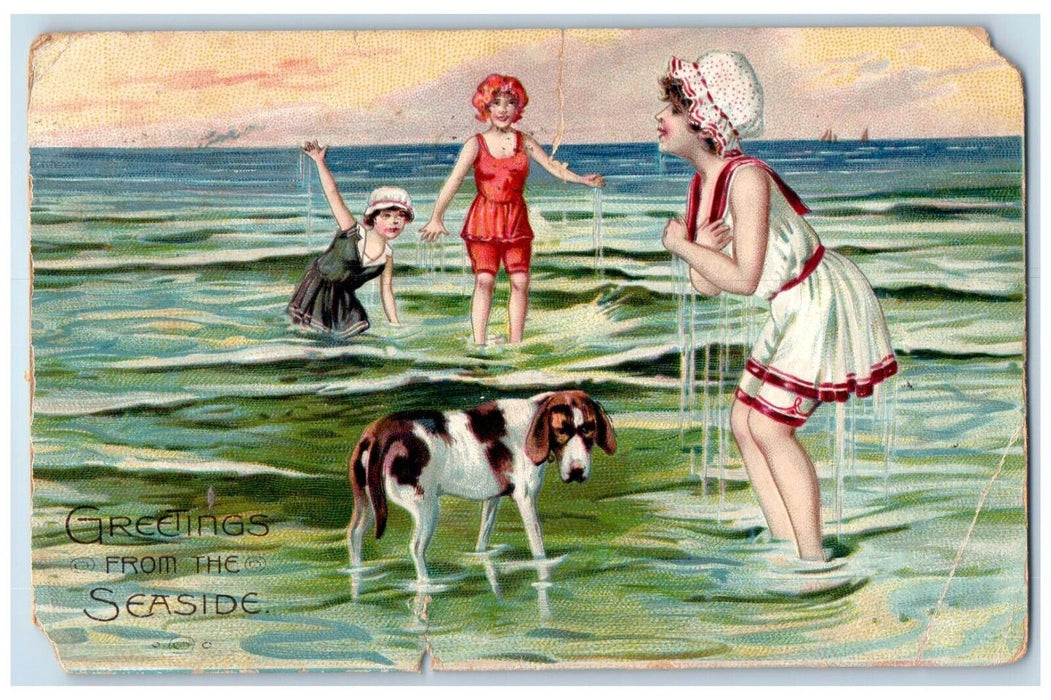 1910 Greetings From The Sea Bathing Beauty Dog Santa Cruz CA Tuck's Postcard