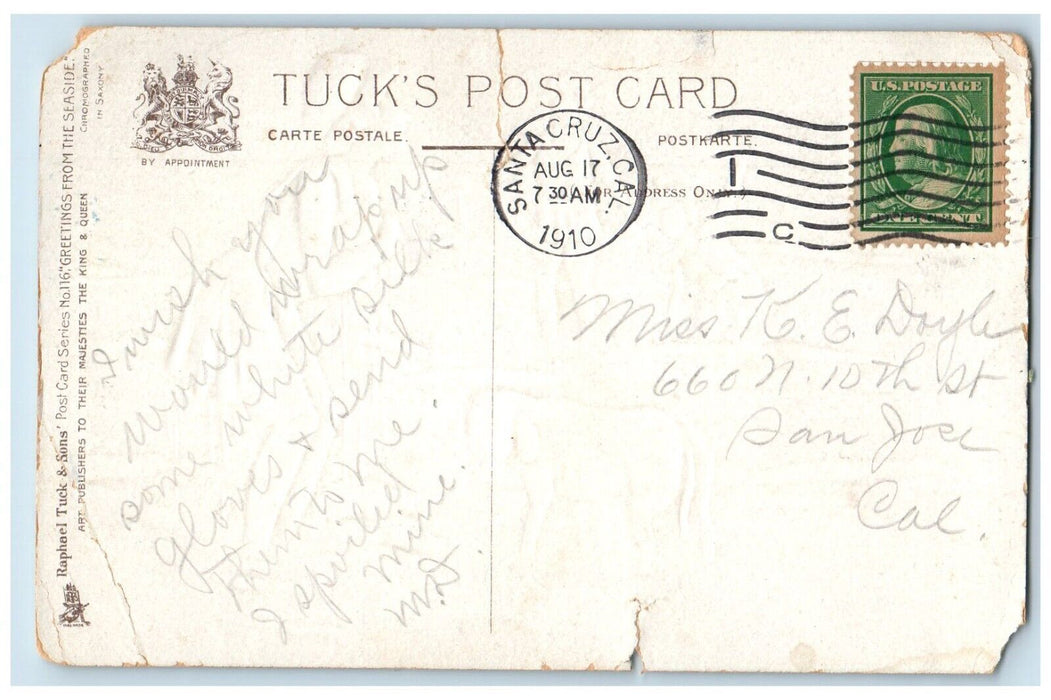 1910 Greetings From The Sea Bathing Beauty Dog Santa Cruz CA Tuck's Postcard