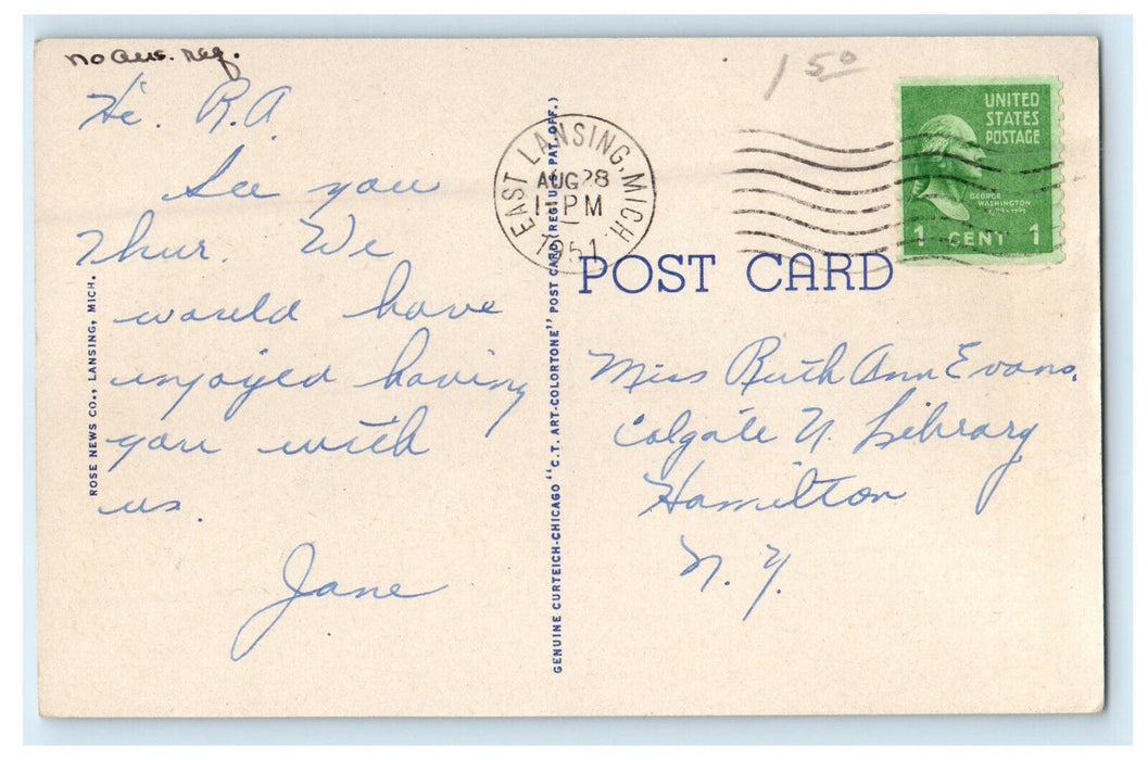 1951 Sarah Williams Dormitory, State College, East Lansing Michigan MI Postcard