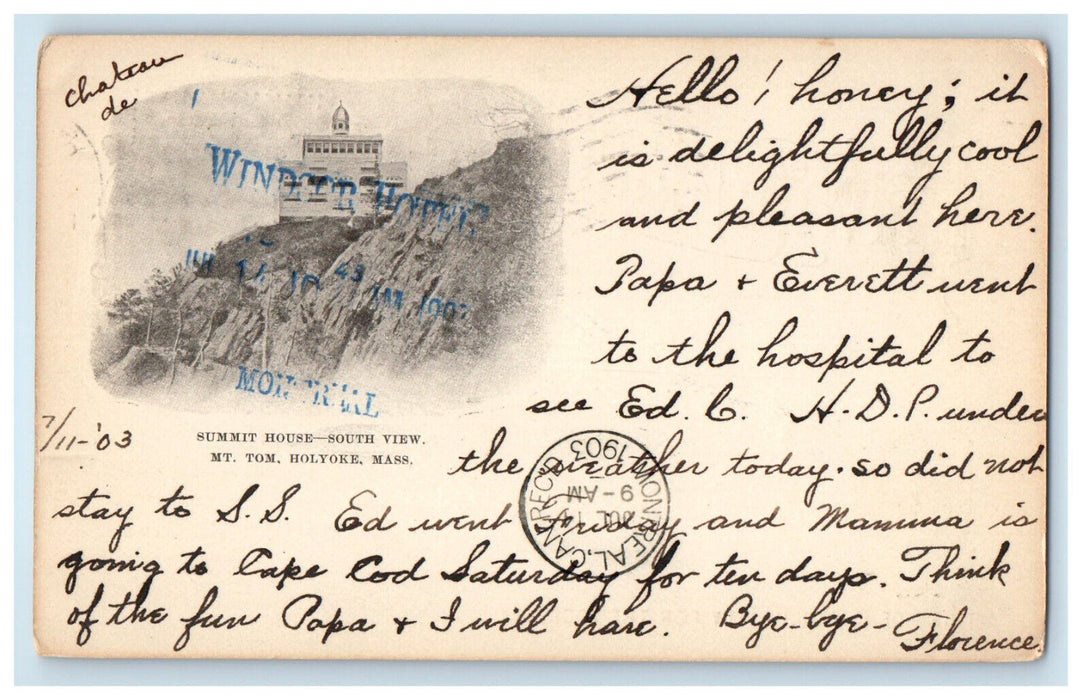 1903 Windsor Hotel Montreal Stamp Summit House Massachusetts MA Postcard