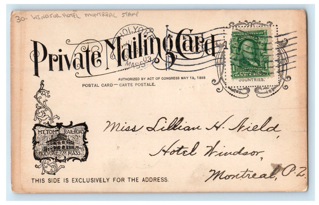 1903 Windsor Hotel Montreal Stamp Summit House Massachusetts MA Postcard