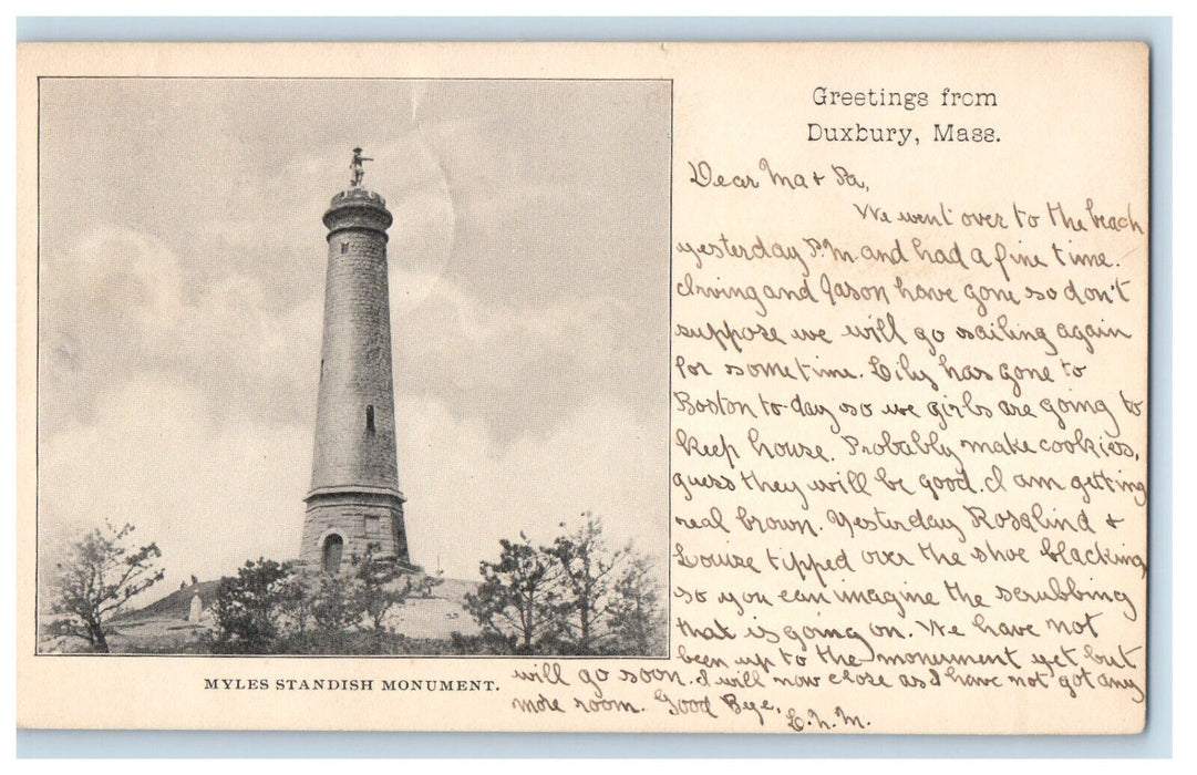 1902 Myles Standish Monument Greetings from Duxbury Massachusetts MA Postcard