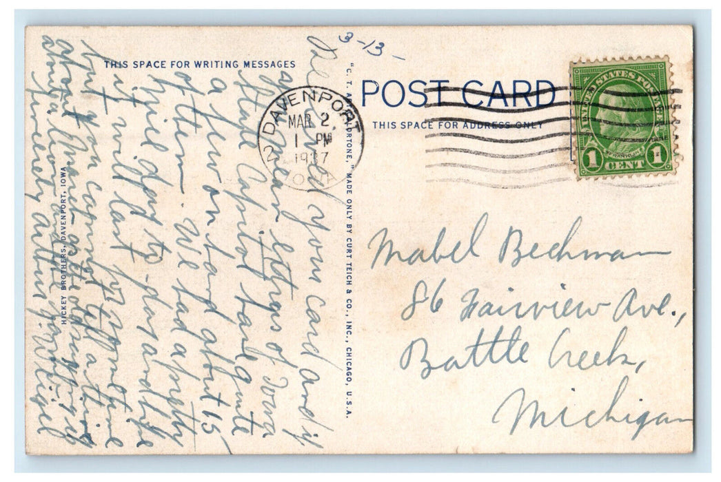 1937 Clubhouse at Credit Island Public Golf Course, Davenport IA Postcard
