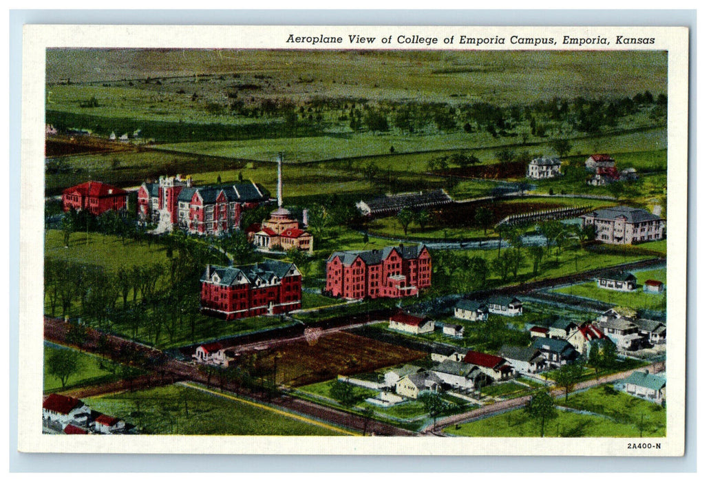 c1940s Aeroplane View of College of Emporia Campus Emporia Kansas KS Postcard