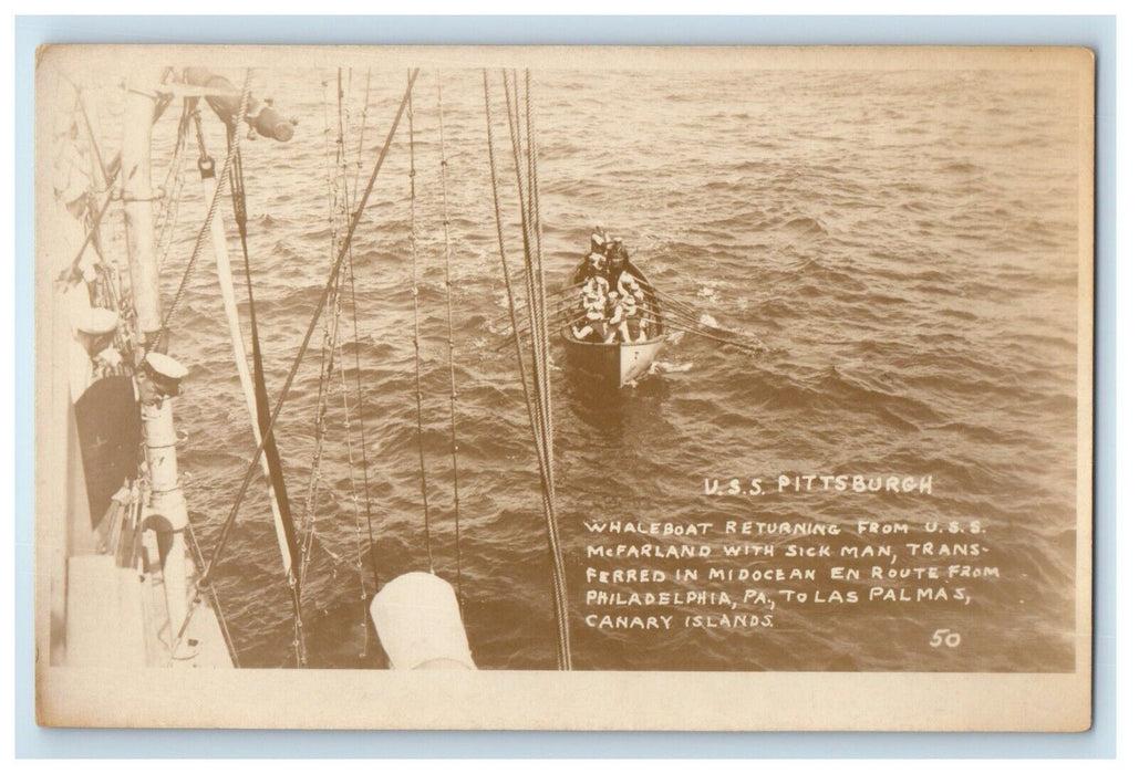 USS Pittsburgh Whaleboat Returning From USS McFarland RPPC Photo Postcard