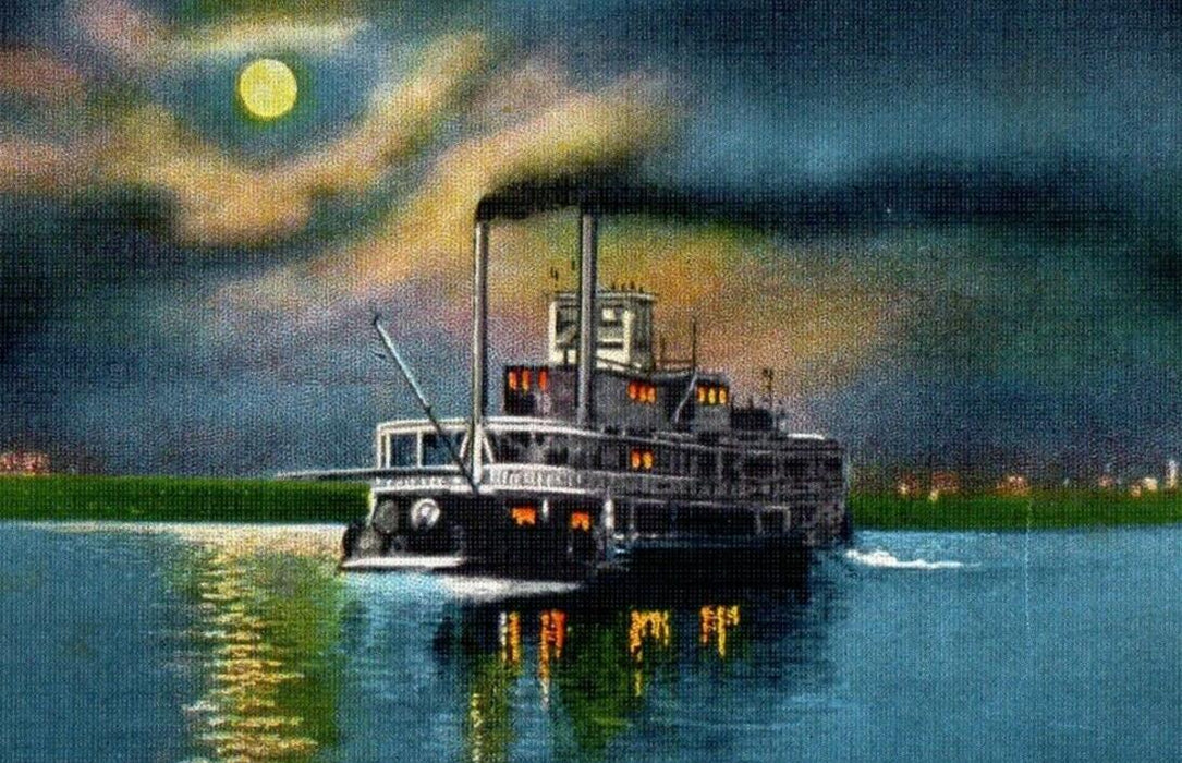 c1940's Moonlight On Mississippi River Steamboat Ship New Orleans LA Postcard