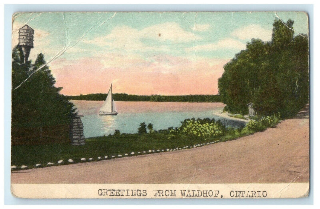 c1910's Greetings From Waldhof Ontario Canada, Sailboat Antique Postcard