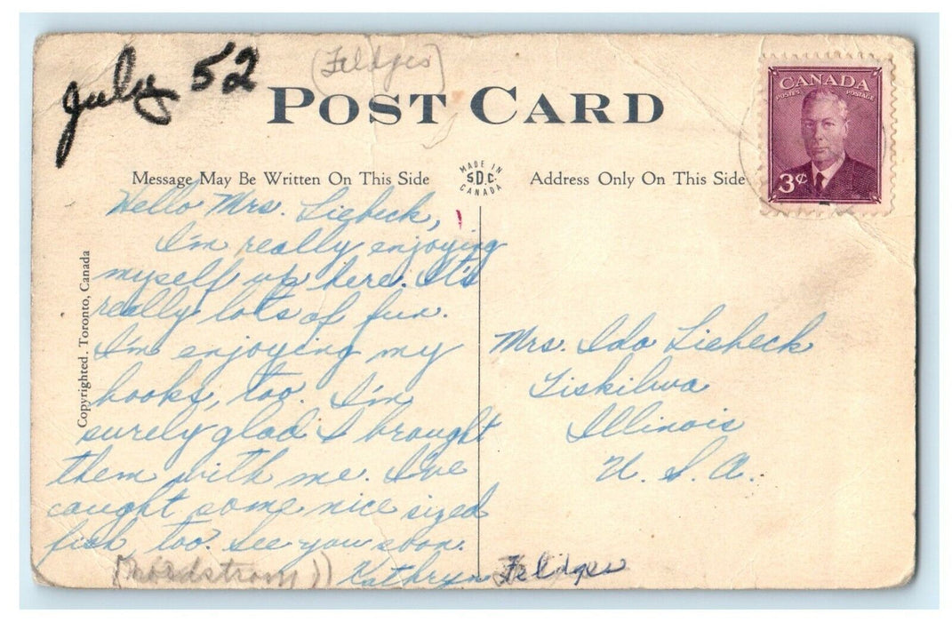 c1910's Greetings From Waldhof Ontario Canada, Sailboat Antique Postcard