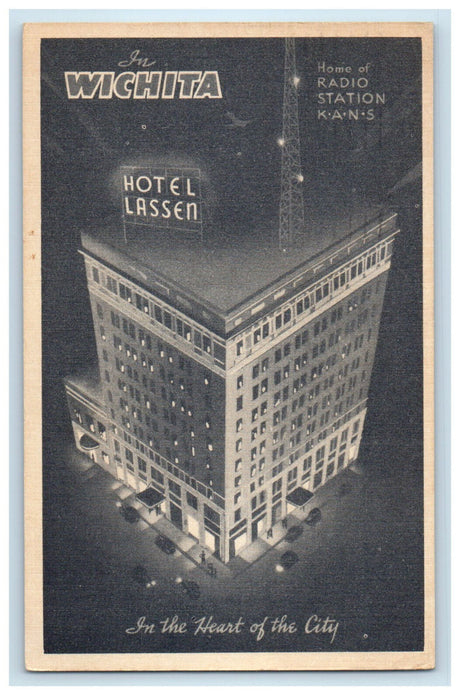 1940 Hotel Lassen at Night Whichita Kansas KS Vintage Posted Postcard