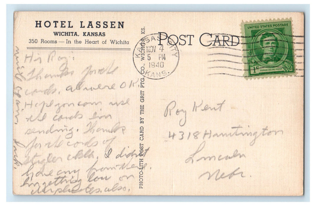 1940 Hotel Lassen at Night Whichita Kansas KS Vintage Posted Postcard